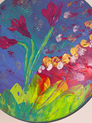 La Vie Fleurie - Œuvre Originale - Toile Acrylique Abstraite 12” Ronde Créations Sortilege