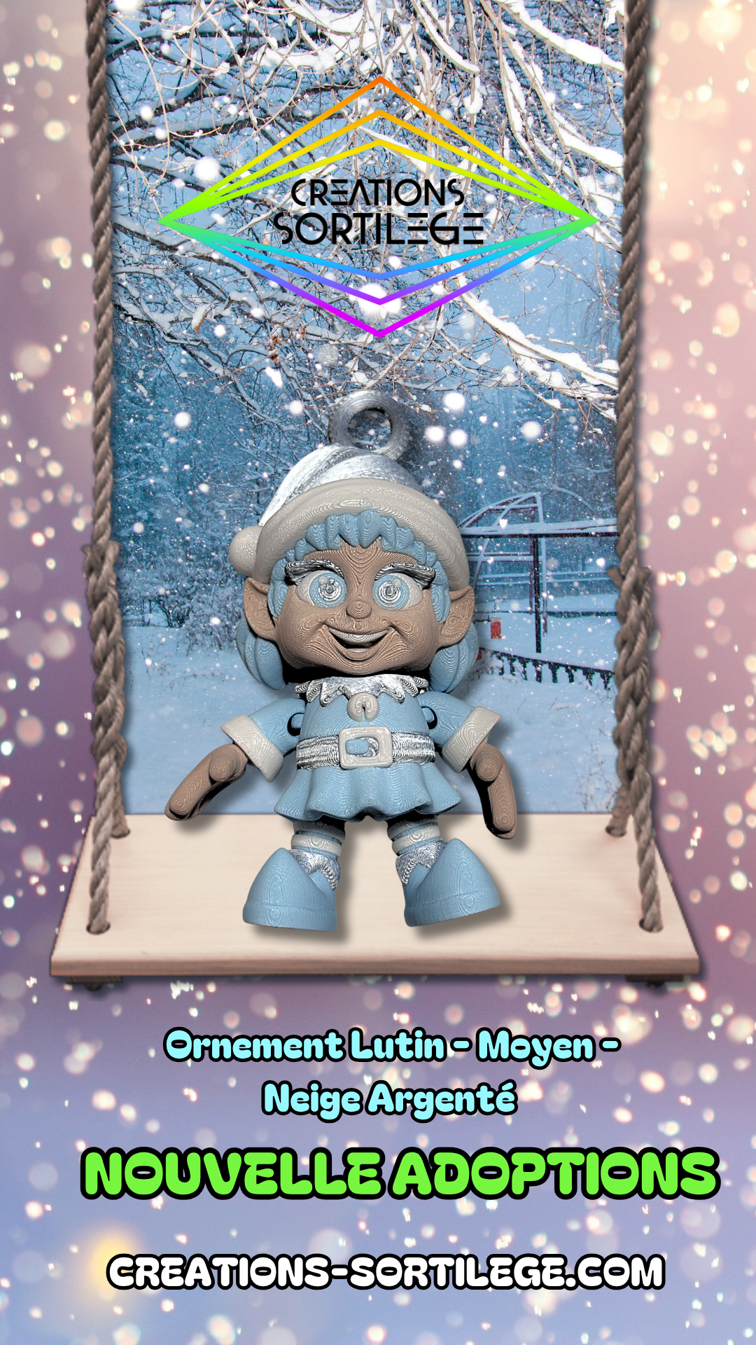 Ornement Lutin - Moyen - Neige Argenté