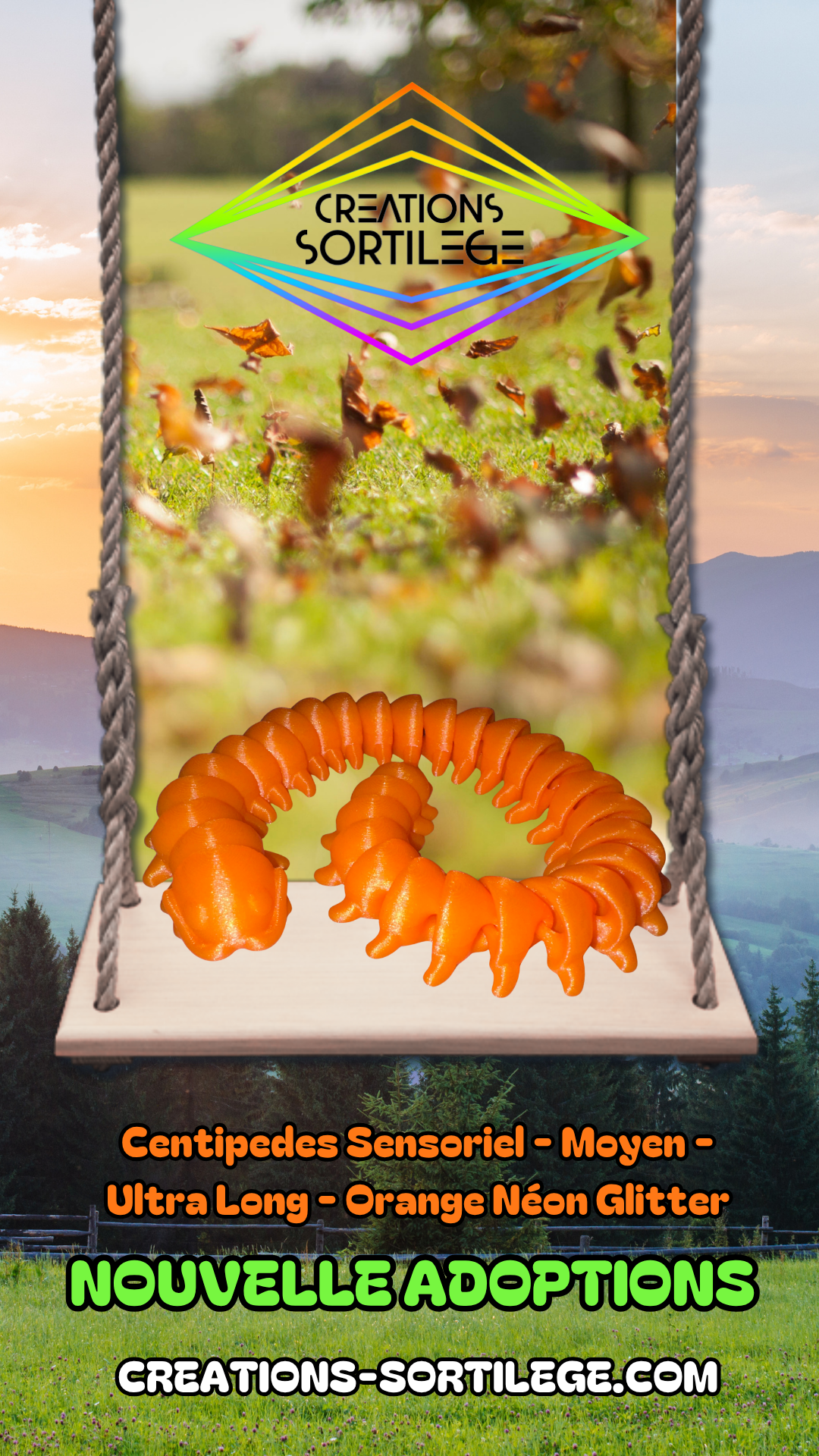 Centipedes Sensoriel - Moyen - Ultra Long - Orange Néon Glitter