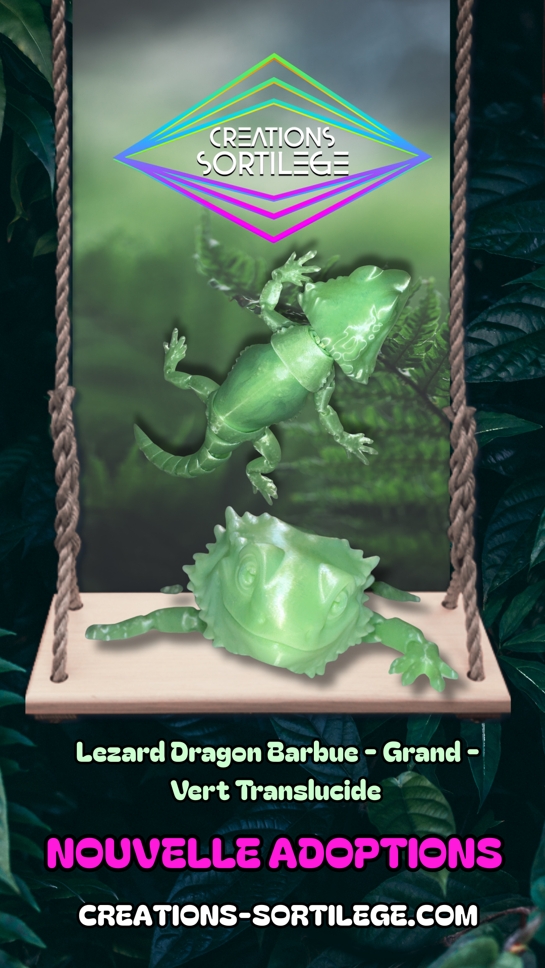 Lezard Dragon Barbue - Grand - Vert Translucide Créations Sortilege
