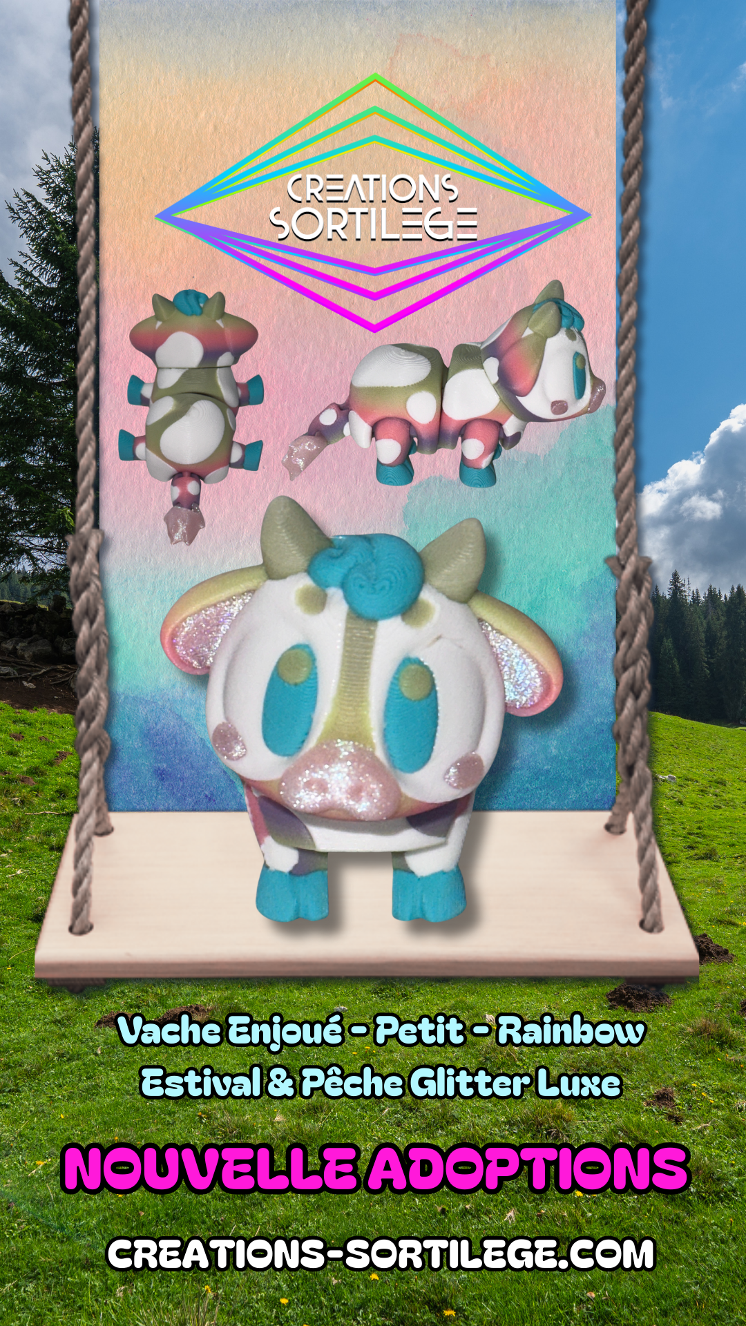 Vache Enjoué - Petit - Rainbow Estival & Pêche Glitter Luxe Créations Sortilege