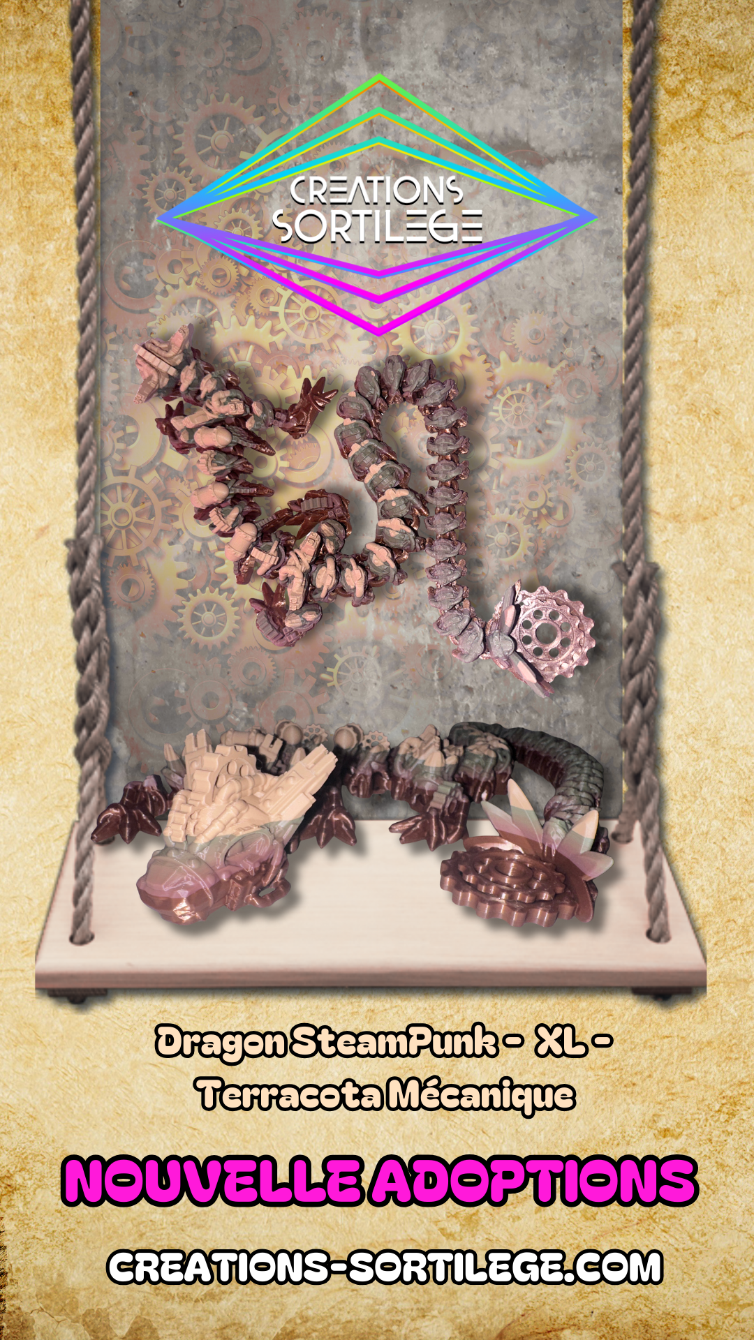 Dragon SteamPunk -  XL - Terracota Mécanique - Queue Fidget Spiner