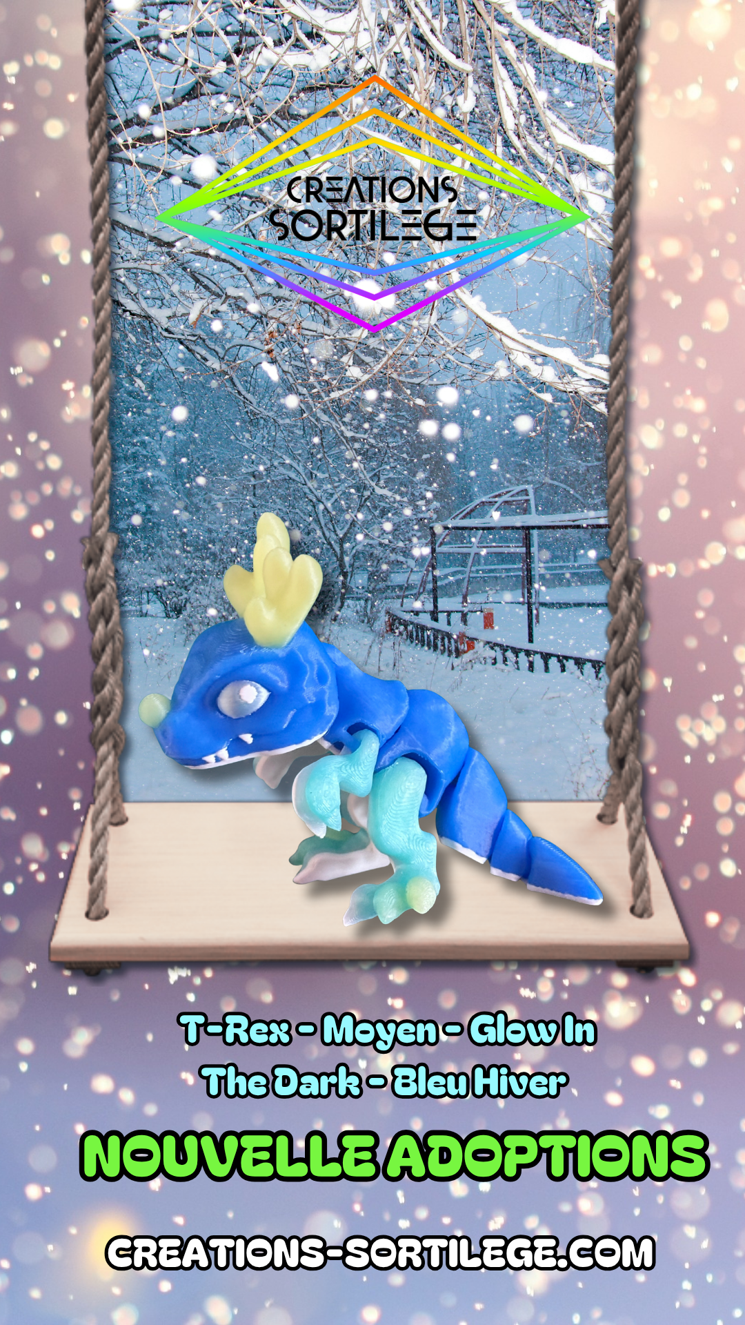 T-Rex Reine - Moyen - Glow In The Dark - Bleu Hiver Créations Sortilege